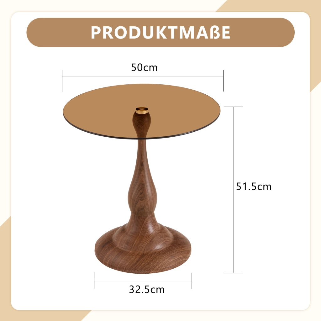 Tavolino basso rotondo in vetro temperato con base in metallo per soggiorno e camera da letto marrone diametro 50 × 51,5 cm