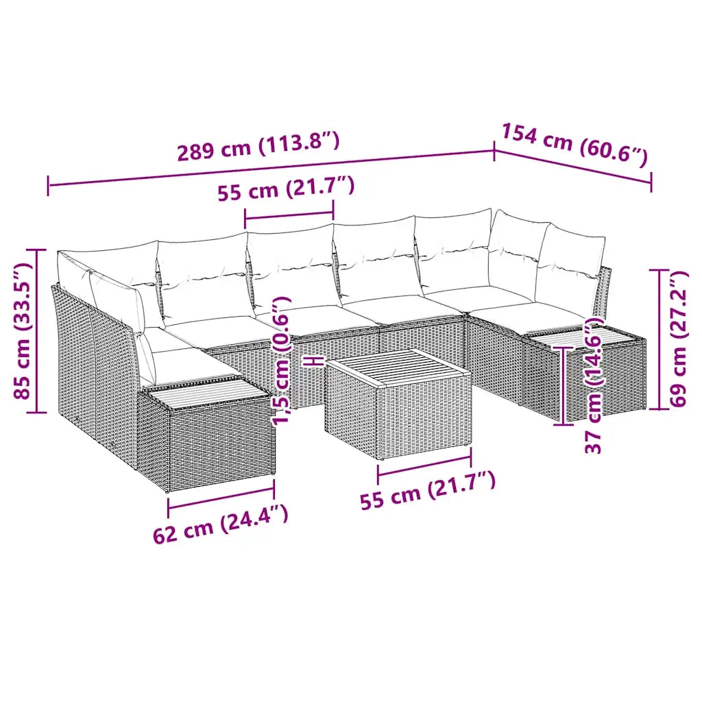 Set Divano da Giardino con cuscino 8 pcs Nero Poly Rattan 3348043
