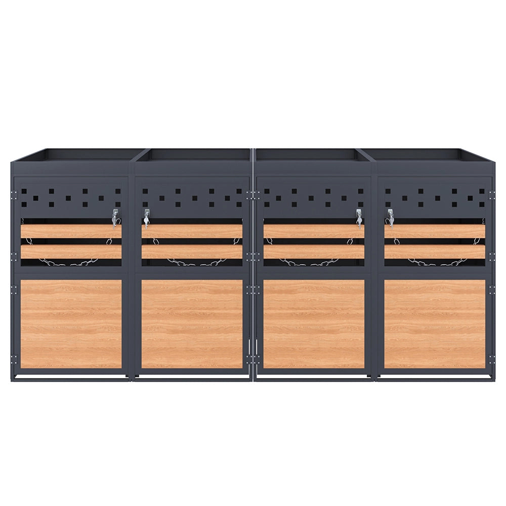 Box per rifiuti 4 posti con tetto vegetale - Xylo - 120-240 litri - Colore antracite - Porta in legno, estensibile