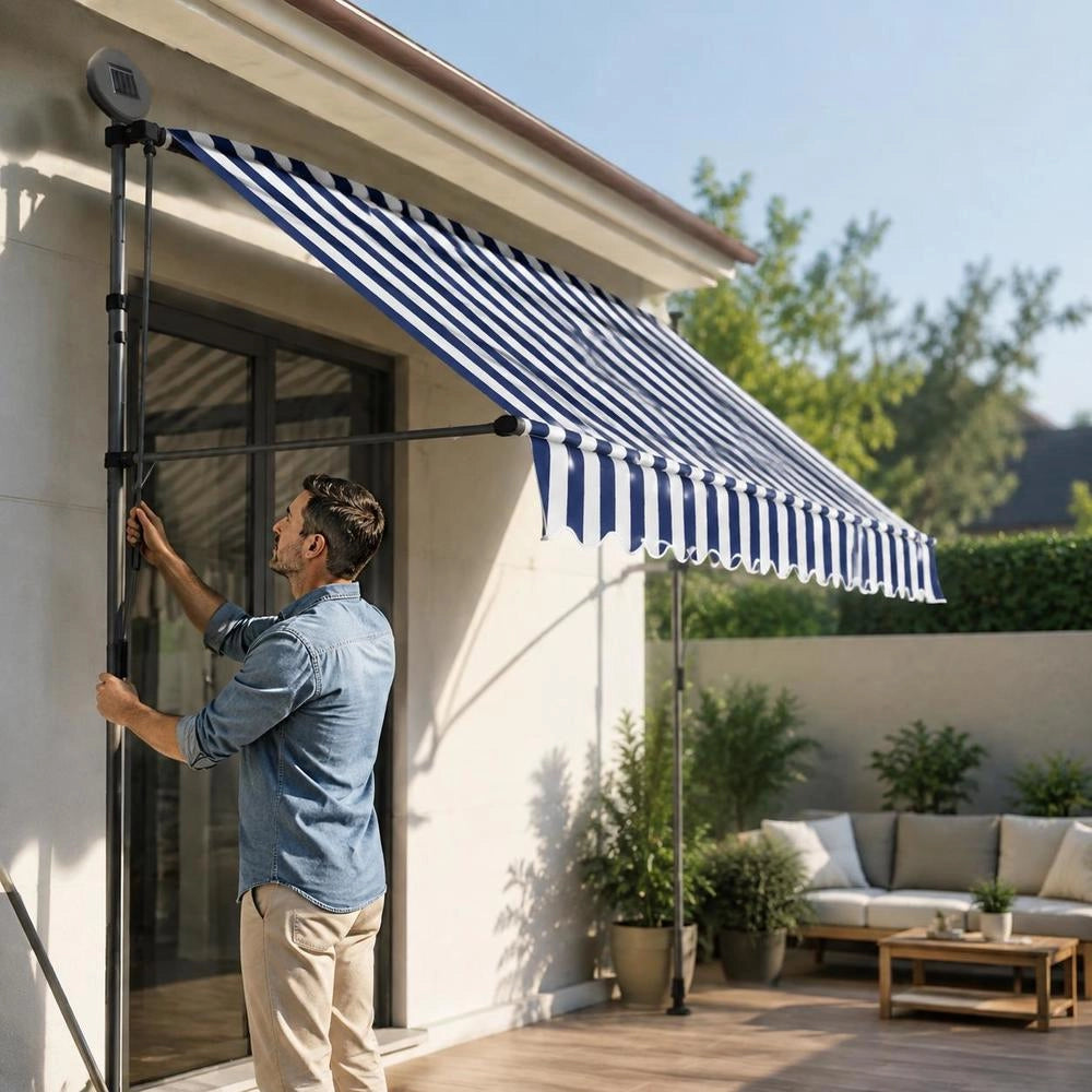 Retractable Awning, Manually Operated, With LED, 250 Cm, Blue And White