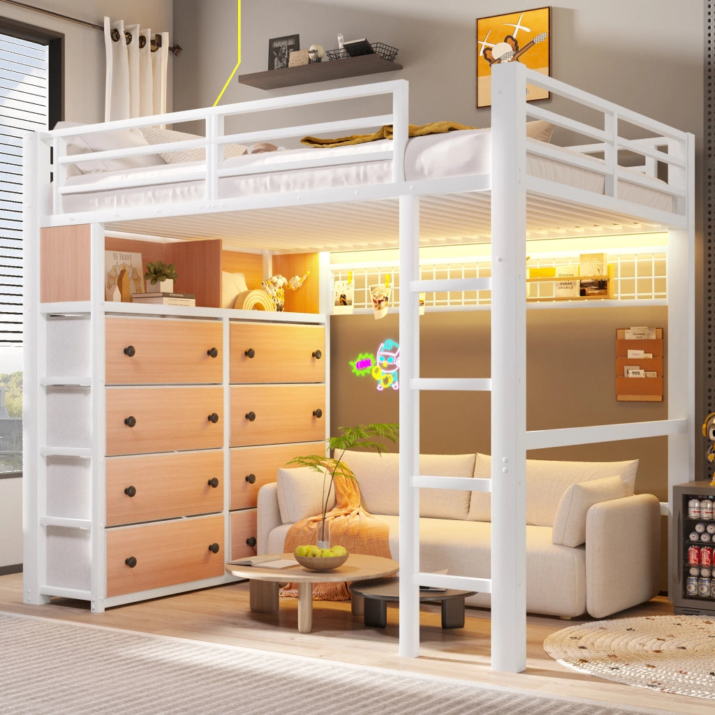 LETTO a soppalco 140x200 cm in metallo e MDF bianco con 8 cassetti e LED