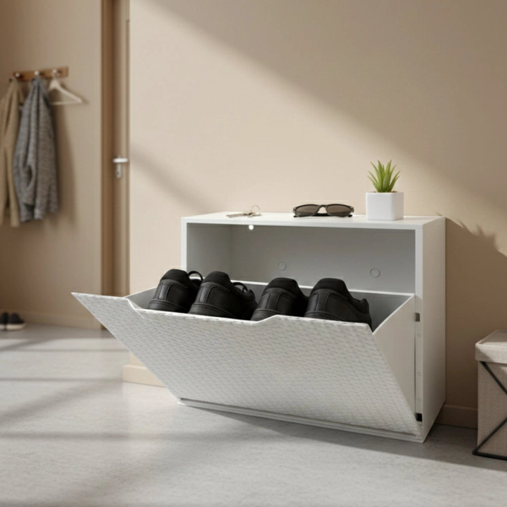 Scarpiera con 1 anta a ribalta in polipropilene effetto Aseo, Set componibile da interno o esterno, 100% Made in Italy, cm 51x18h40, colore Bianco