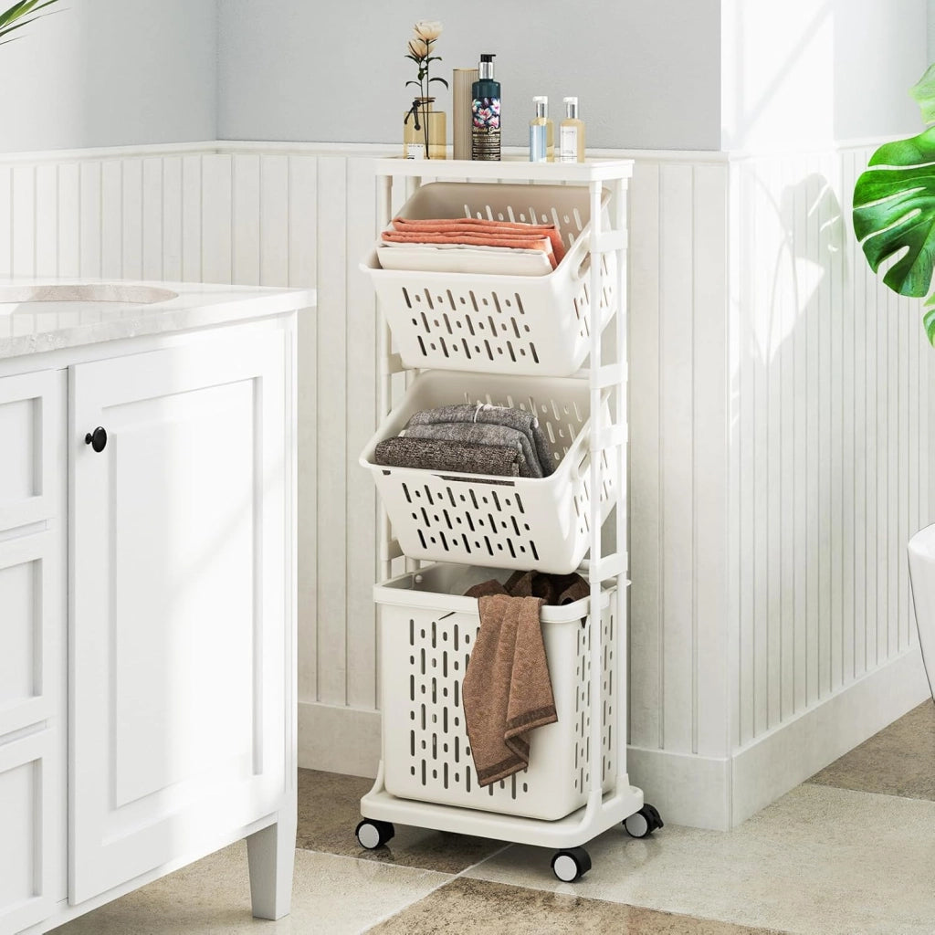 Cesto Portabiancheria Stretto a 3 Scomparti con 4 Ruote e Mensola, 40 x 30 x 112 cm, Bianco, per Lavanderia e Bagno