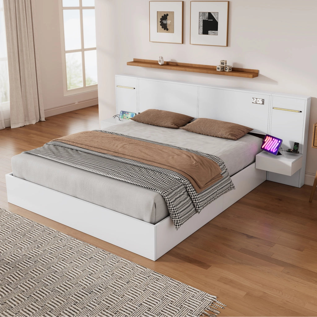 Letto matrimoniale 180x200 cm in MDF bianco con USB, Bluetooth, orologio digitale e luci LED