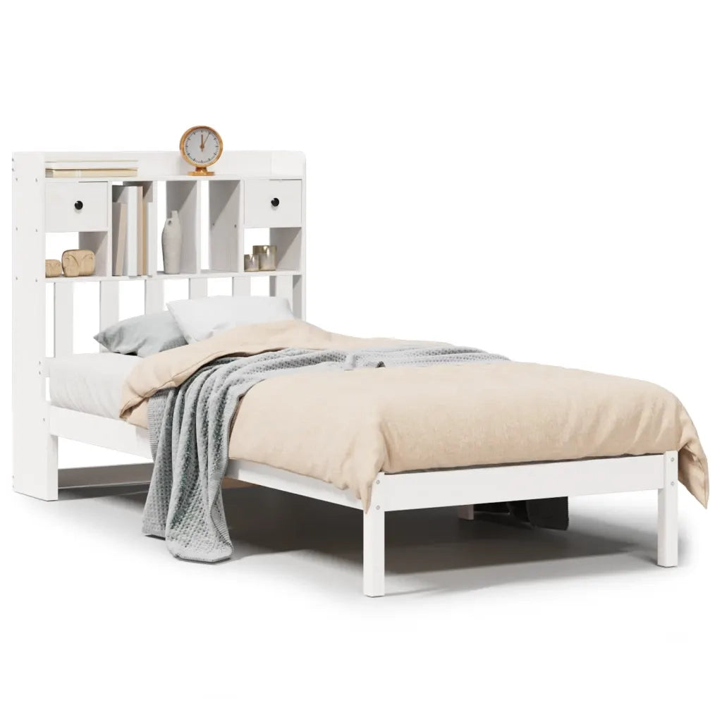 Letto Libreria senza Materasso-Struttura Letto con contenitore Bianca 90x200 cm Legno di Pino 975792