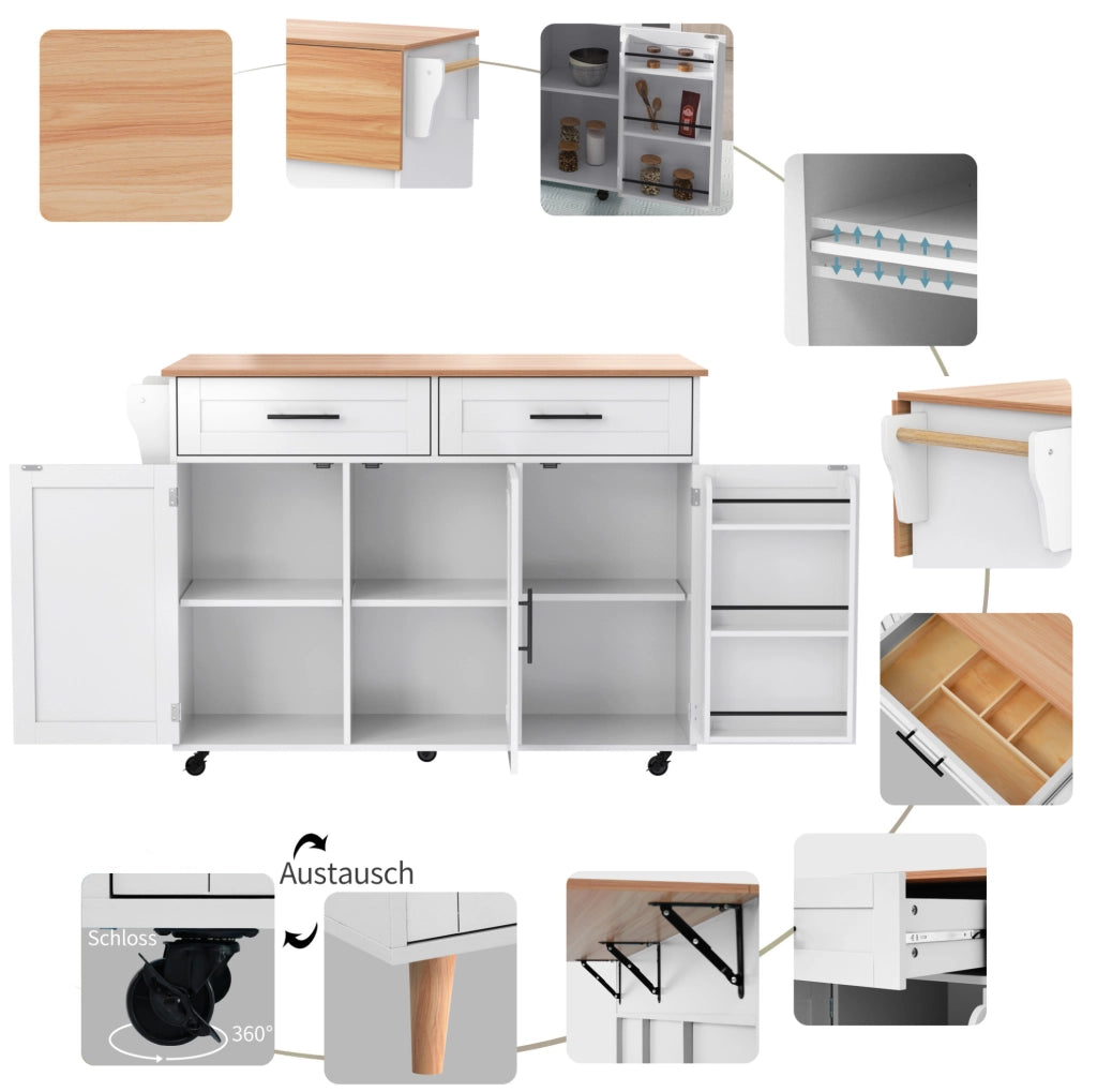 Carrello da cucina con piano pieghevole e ruote, bianco