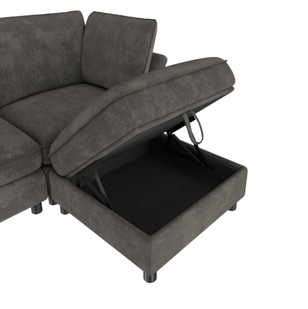 Divano angolare modulare 4 posti in ciniglia grigio con pouf contenitore HOMVRA
