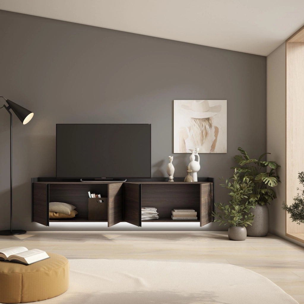 Mobile TV Soggiorno, 207x50x35 cm, Per TV fino a 80", Sospeso, da appendere, LED, Rovere scuro e Nero