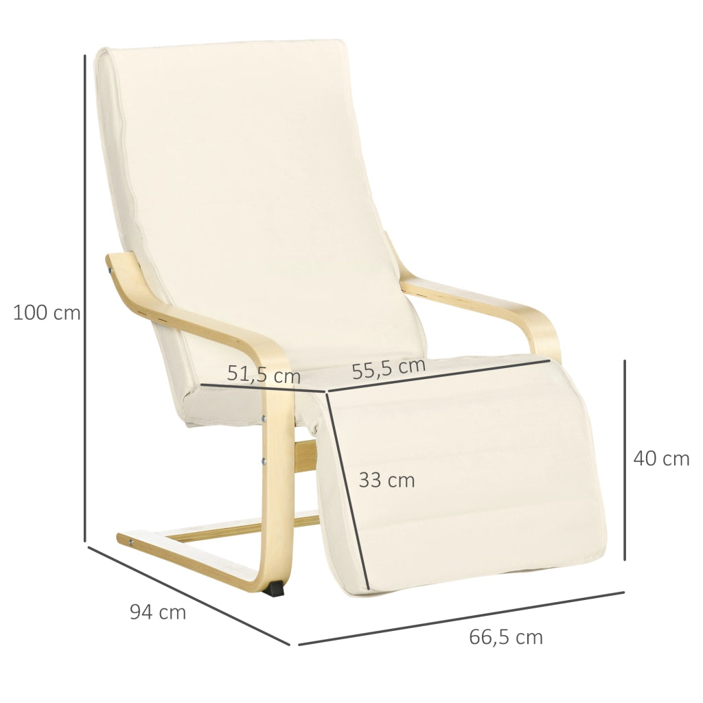 Poltrona Relax con Poggiapiedi Regolabile in 5 Posizioni Seduta Ampia in Betulla e Poliestere Bianco Crema 66;5 × 94 × 100 cm