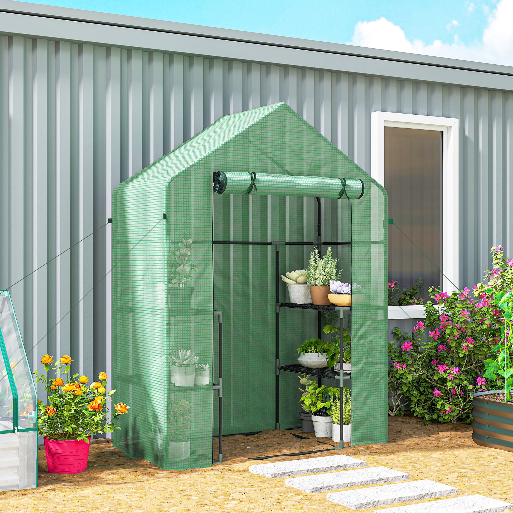Serra da Giardino 142x73x195 cm con 2 Mensole a 3 Livelli e Ingresso a Zip in Acciaio e PE Verde