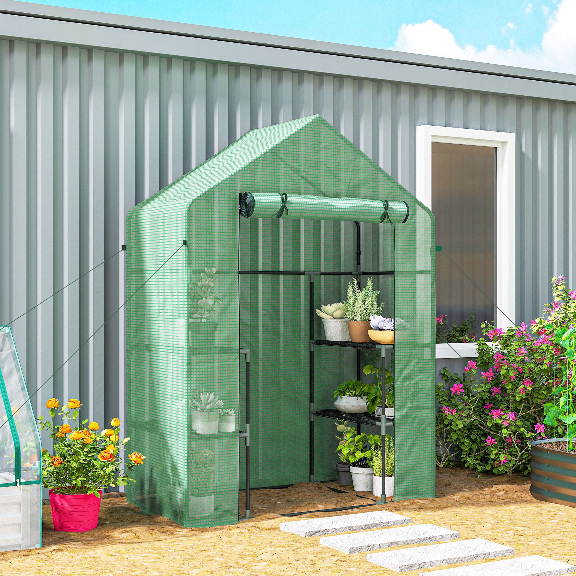 Serra da Giardino 142x73x195 cm con 2 Mensole a 3 Livelli e Ingresso a Zip in Acciaio e PE Verde