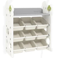 Scaffale Portagiochi a 4 Livelli con 9 Contenitori e Gancio Laterale, in HDPE, 77x42x94 cm, Bianco Crema