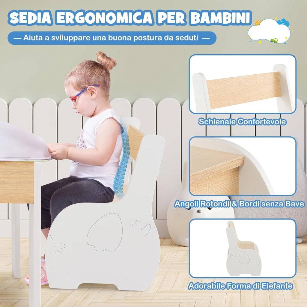 3 in 1 Set Tavolo e Sedie per Bambini, Tavolo da Attività per Bambini con 2 Sedie, Lavagna Rimovibile e Deposito, per Giocare, Disegnare e Leggere, in Legno (bianco)