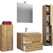 Completo Set bagno 5 pz Mobile sosp 2 casetti con Lavabo large in ceramica incl 1 Colonna 1 mobile sosp e specchio, Rovere