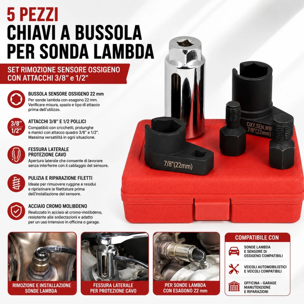 5 Chiavi Bussola Sonda Lambda 22 mm Attacco 3/8" 1/2"