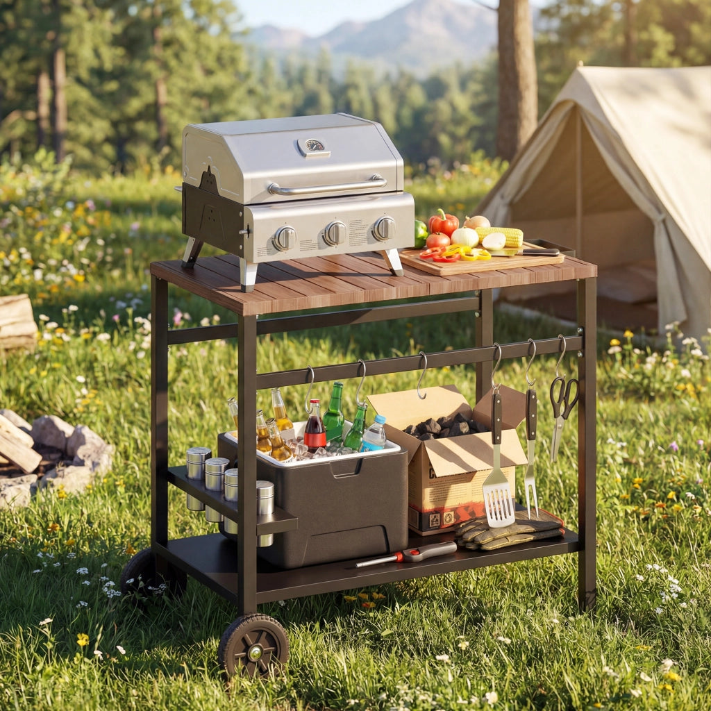 Carrello per Barbecue 2 Livelli con Ruote ¨C zephmum ¨C Nero e Marrone