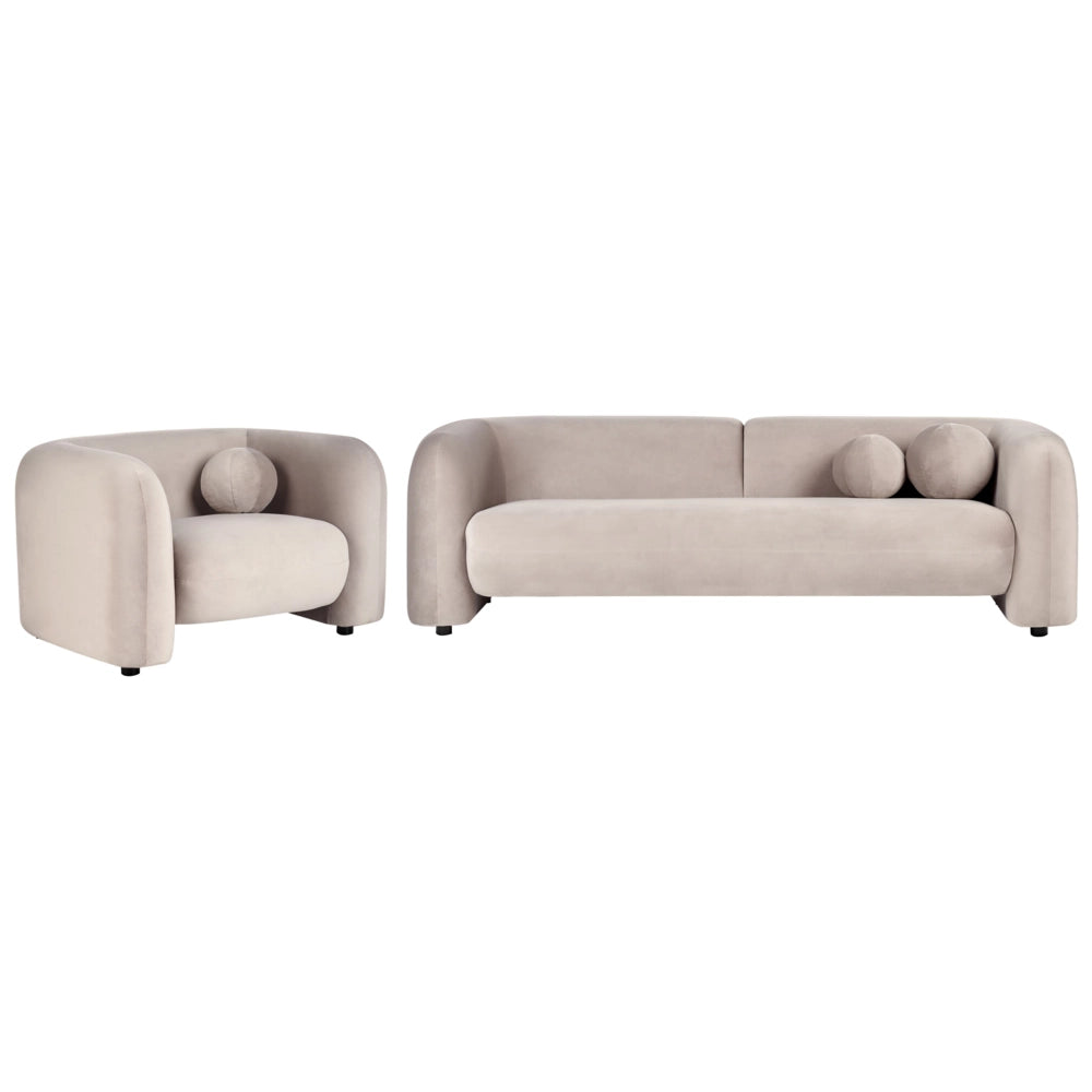 Set da salotto composto da divano e poltrona in velluto tortora 4 posti con cuscini aggiuntivi stile glamour retrò soggiorno