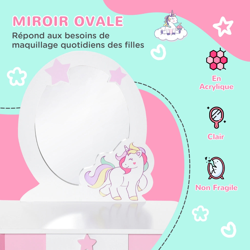 Toeletta bambini forma unicorno con sgabello ¨C Xylo ¨C rosa bianco MDF 49x34x90cm