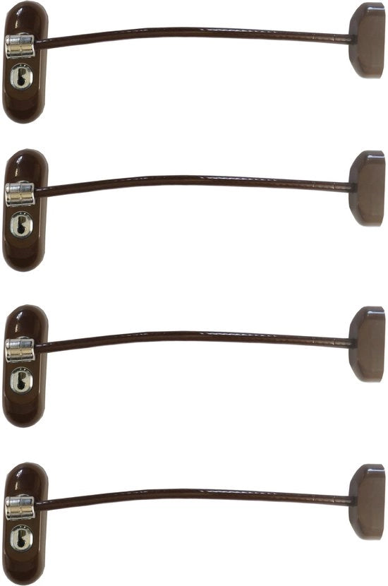 Blocco di sicurezza per finestre con chiave – serrature di sicurezza per finestre con cavo 20 cm, serrature per finestre per la sicurezza dei bambini, blocco di sicurezza per finestre per tutti i tipi di finestre (4 serrature, marrone)