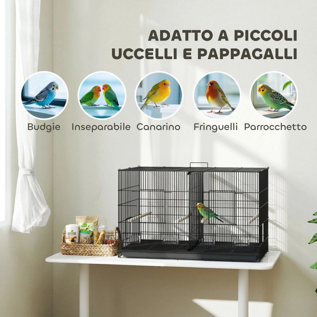 Gabbia per Uccelli con Divisorio e Ripiano ¨C zephmum ¨C Nero, Acciaio e PP, 94x57x57 cm