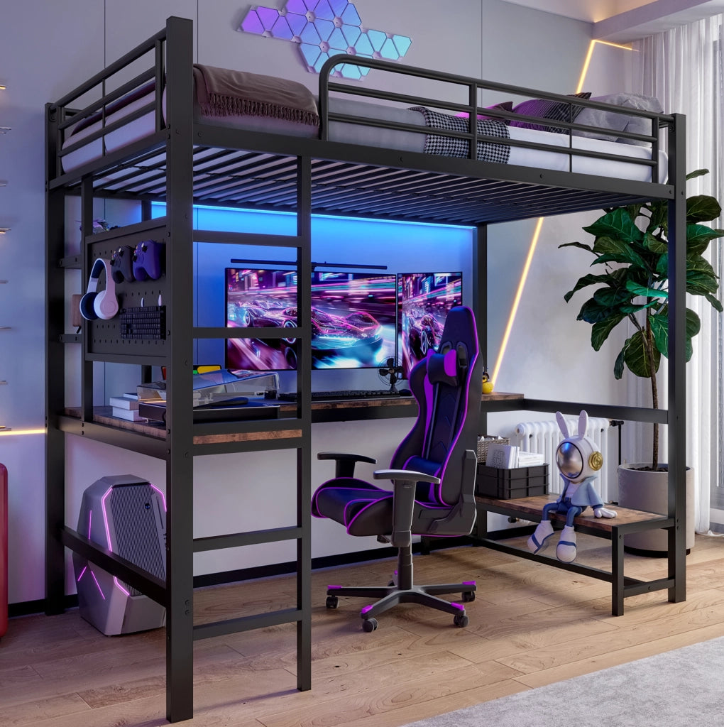 Letto a soppalco 90x200 cm nero con scrivania, LED, USB/Type-C e ripiani