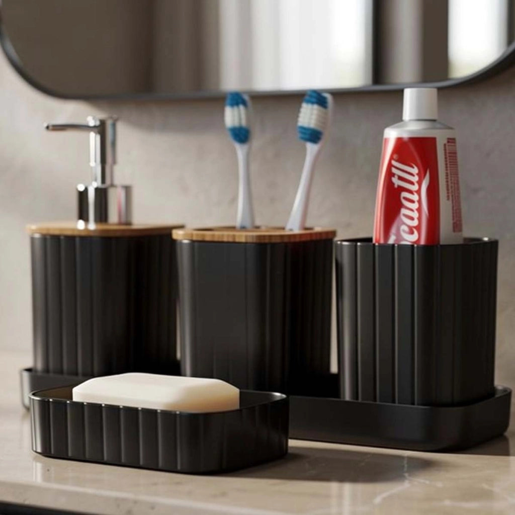 Set di accessori da bagno 5 pezzi Portaspazzolino e bicchiere Nero Avizar