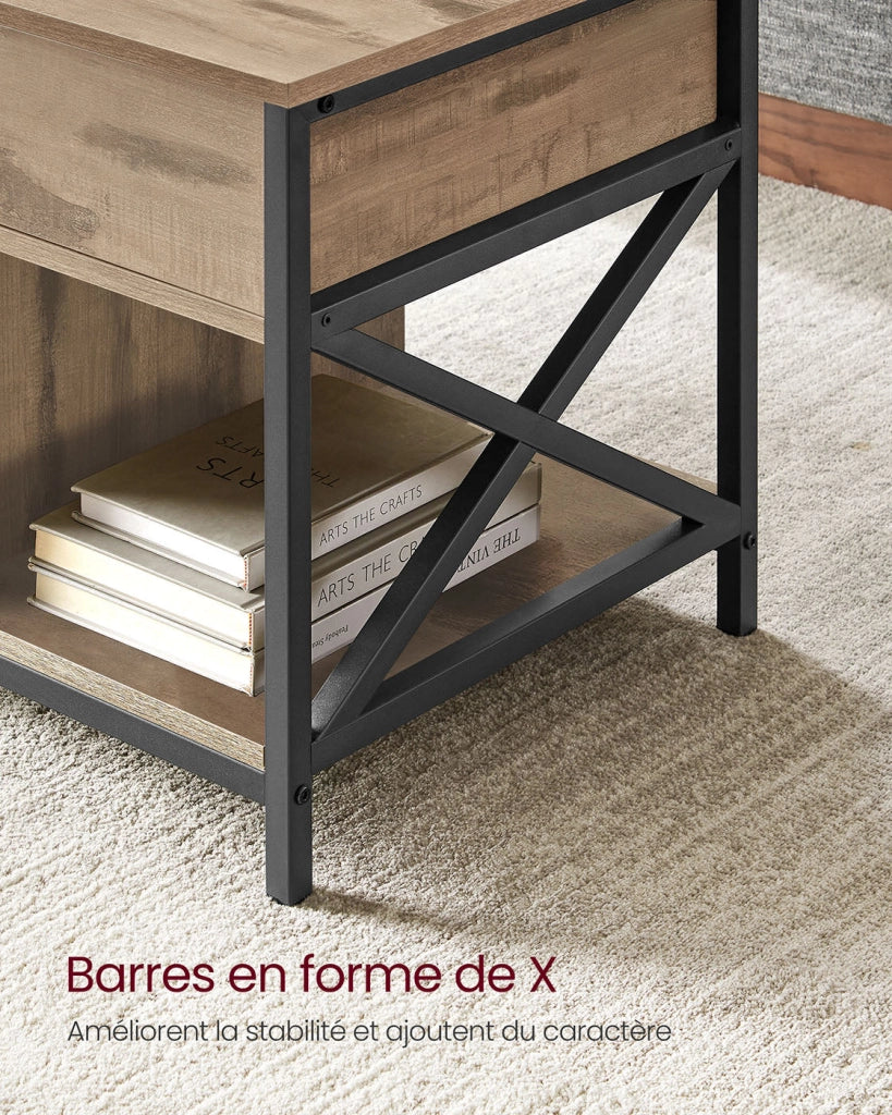Tavolino da caffè con piano sollevabile vano portaoggetti nascosto e scomparti aperti struttura in acciaio 50 x 100 x 62 cm marrone 12_0007492