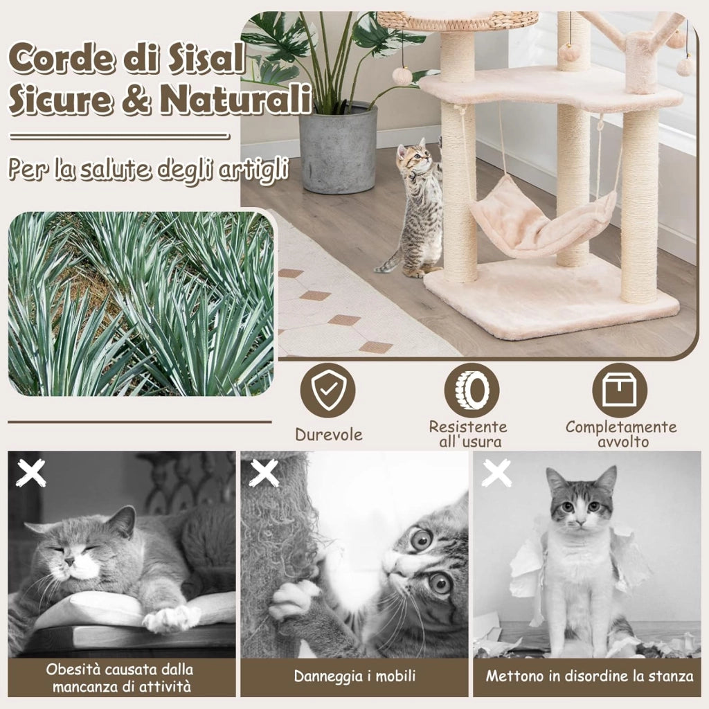 Tiragraffi per Gatti Adulti, Tiragraffi per Gatti con Cuccia, Piattaforma, Cuscini e Tiragraffi, Albero Tiragraffi per Gatti Grandi Alto in Legno, 49,5 x 49,5 x 121 cm