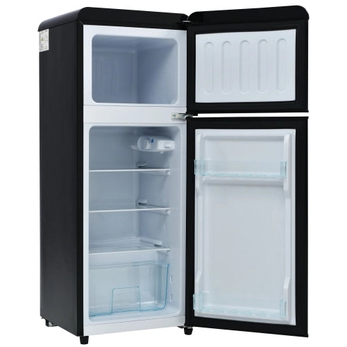 Frigorifero retrò; frigorifero congelatore; volume totale 92L; compartimento congelatore 28L; luce LED; efficiente energetico; nero