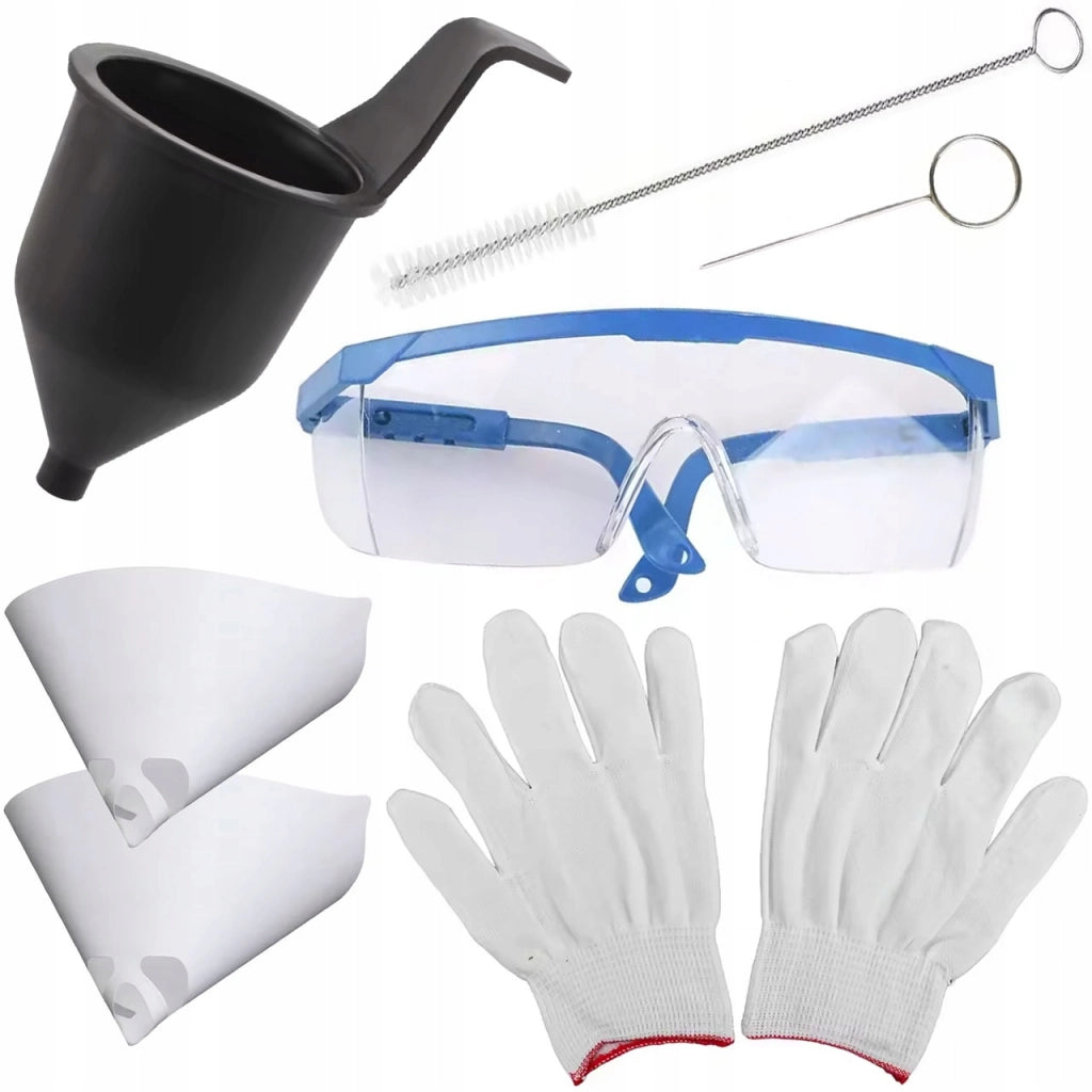 Set di Accessori per Spruzzatore di Vernice – Misurino Viscosità, Spazzola, Ago Pulizia, 2 Imbuti, Guanti