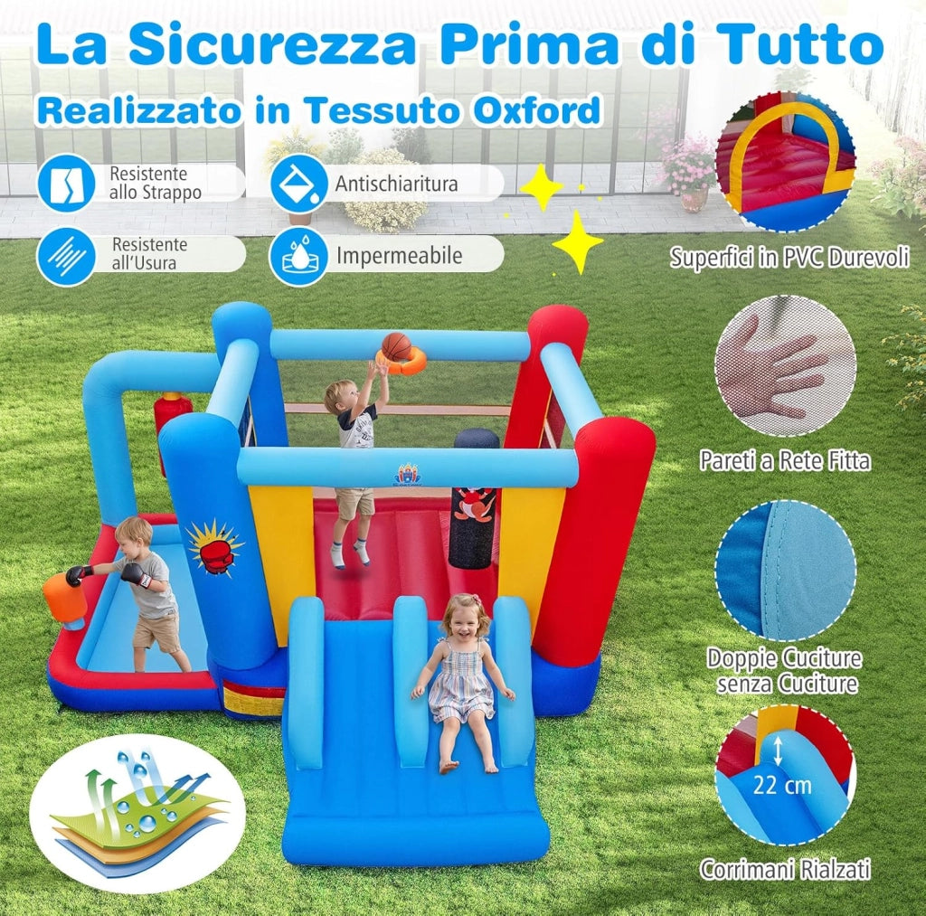 Castello Gonfiabile per Bambini con Soffiatore 550W, Casa Gonfiabile con Palo da Boxe, Trampolino, Doppio Scivolo, Piscina di Palline e Canestro da Basket, per Bambini 3-12 Anni