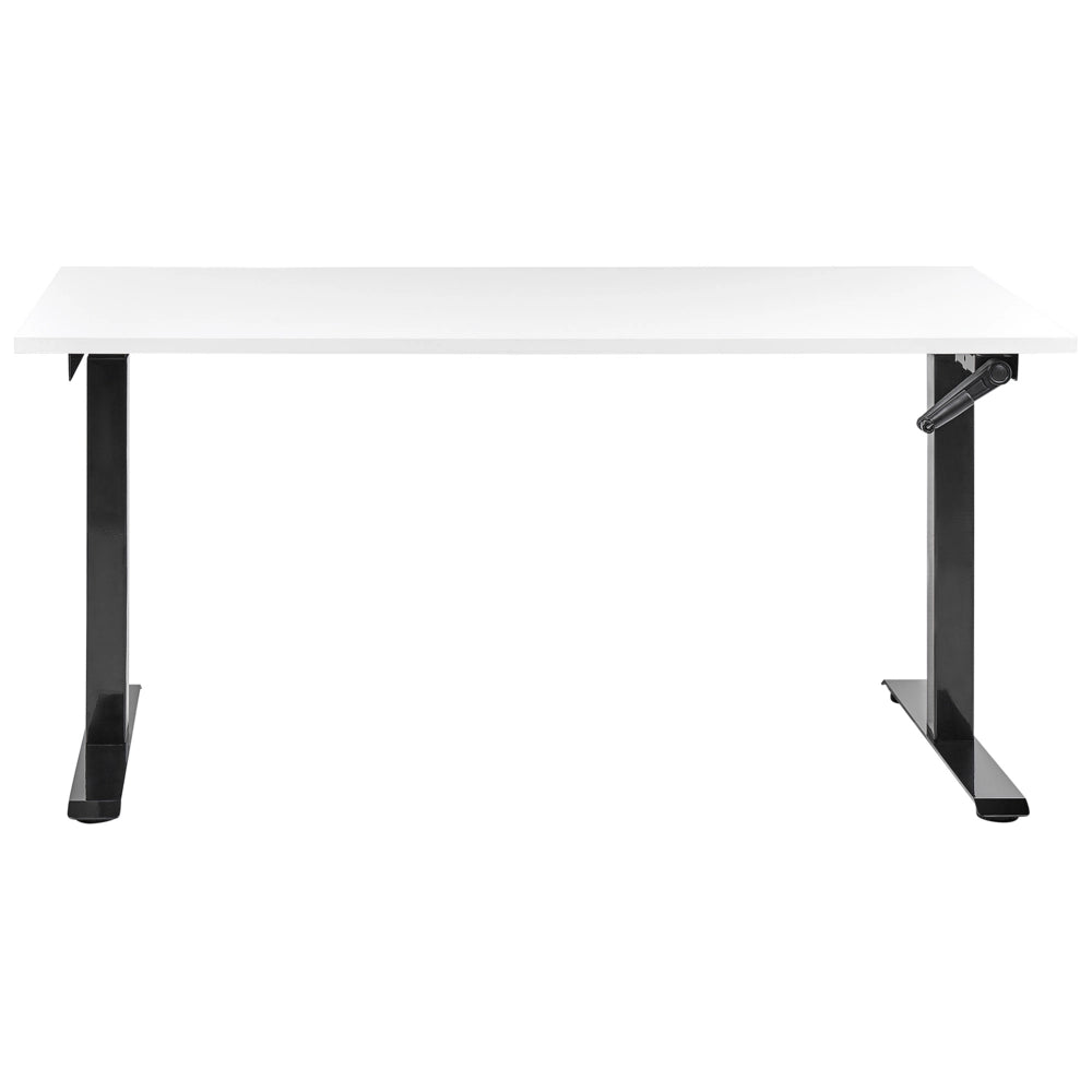 Scrivania regolabile manualmente in altezza Piano del tavolo legno nero Telaio in acciaio bianco 160 x 72 cm Piedi quadrati Design moderno Ufficio