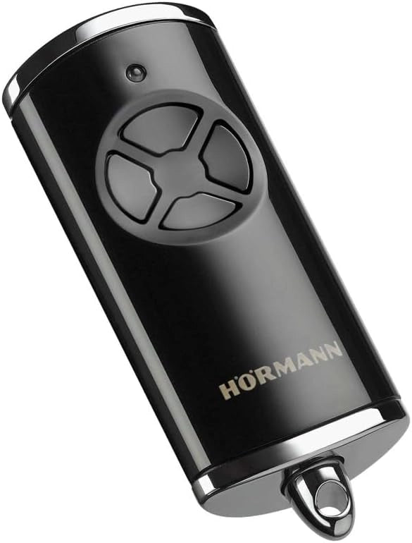 Telecomando Hörmann HSE 4 BS (frequenza 868 MHz, laccato nero, per apriporta da garage con tappi cromati, batterie, dimensioni 28x70x14 mm, con anello portachiavi) 4511561