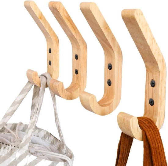 Hanger in legno, 4 pezzi, 155 mm, tipo J, migliorati, per asciugamano, chiodi per parete, materiale di alta qualità eucalipto, superficie a mano lucidata, per cucina e bagno.