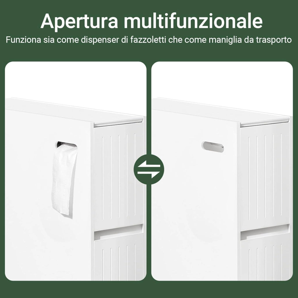 Stretto Mobiletto Bagno con Rotelle 20cm– Carrellino Salvaspazio con Cassetto per Conservare Carta Igienica, Mobile Bagno in Legno, Bianco, 20x75x60cm, BZR111-W