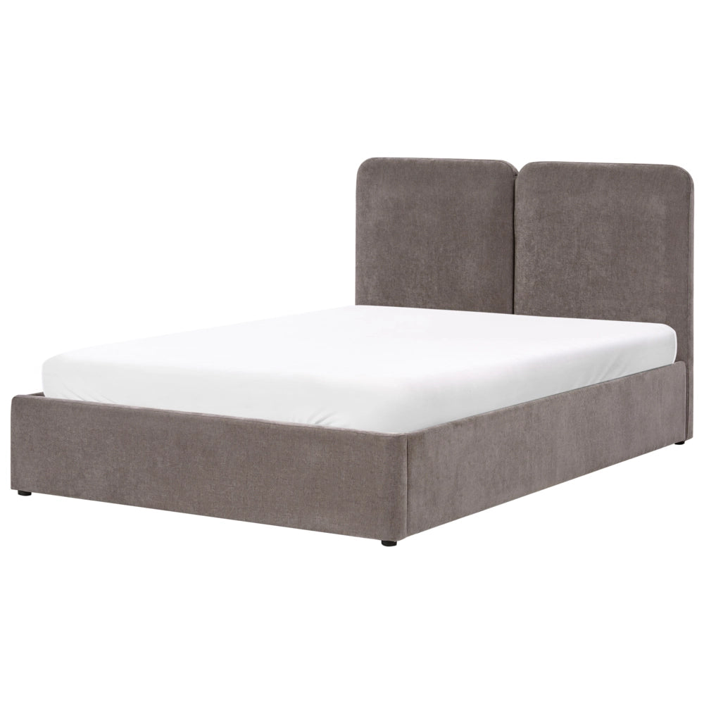 Letto ottomano color tortora in tessuto di ciniglia 140 x 200 cm Testiera imbottita Rete a doghe sollevabile