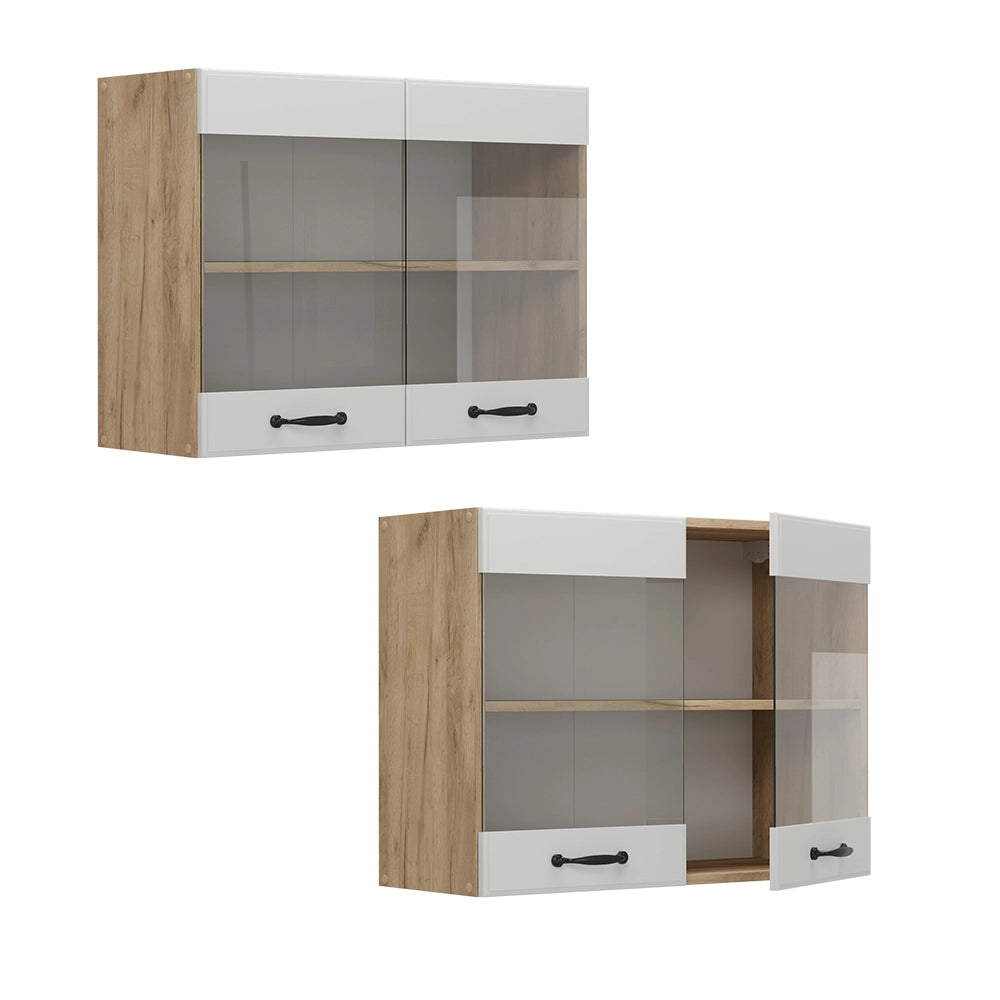 Mobile da cucina in vetro R-Line Bianco rustico/Rovere dorato 80 cm Vicco