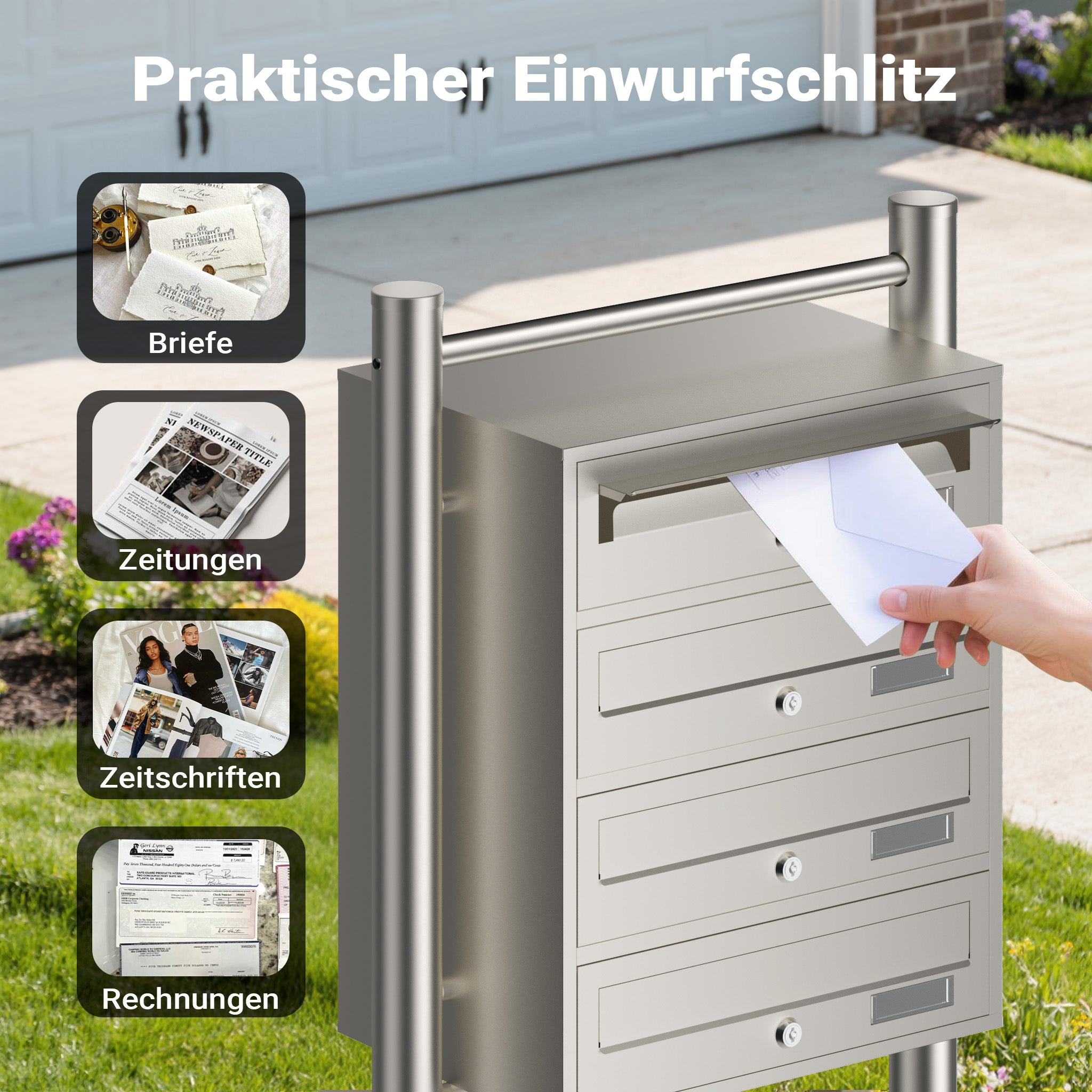 Cassetta postale condominiale autoportante 4 posti, acciaio inox, 1 modulo, 556 x 270 x 1500 mm