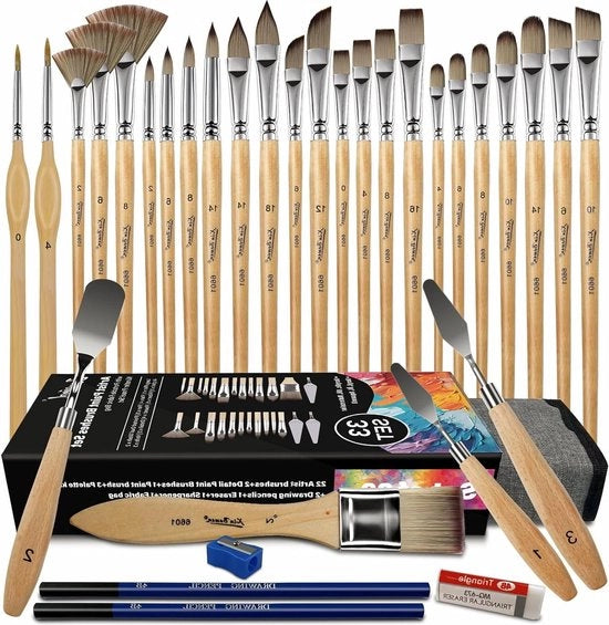 Set di pennelli per acrilica - pennello a nastro - pittura - pennelli rotonde - pennelli quadrate - spatola piatta - organizzatore di pennelli - acrilico aquarello