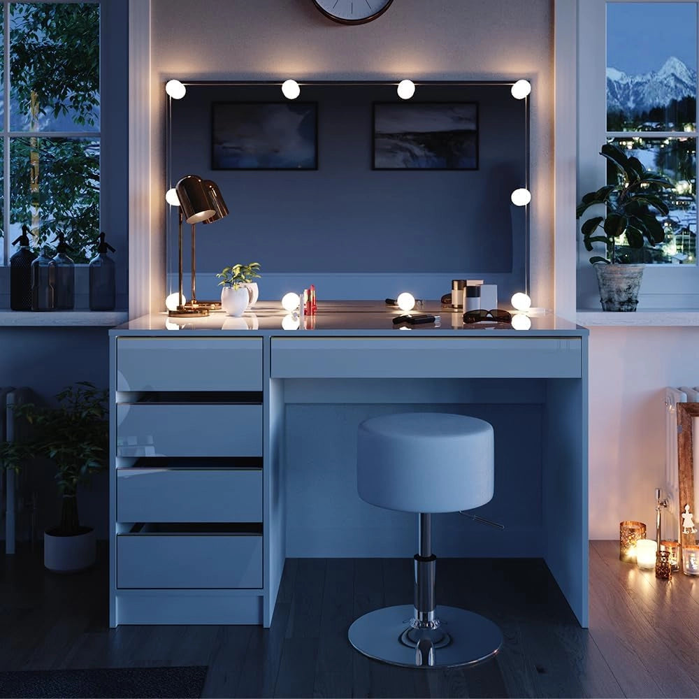 Vicco Tavolino da toilette Sherry, Bianco/Oro, 120 cm con illuminazione a LED e sgabello, con illuminazione LED e sgabello coordinato