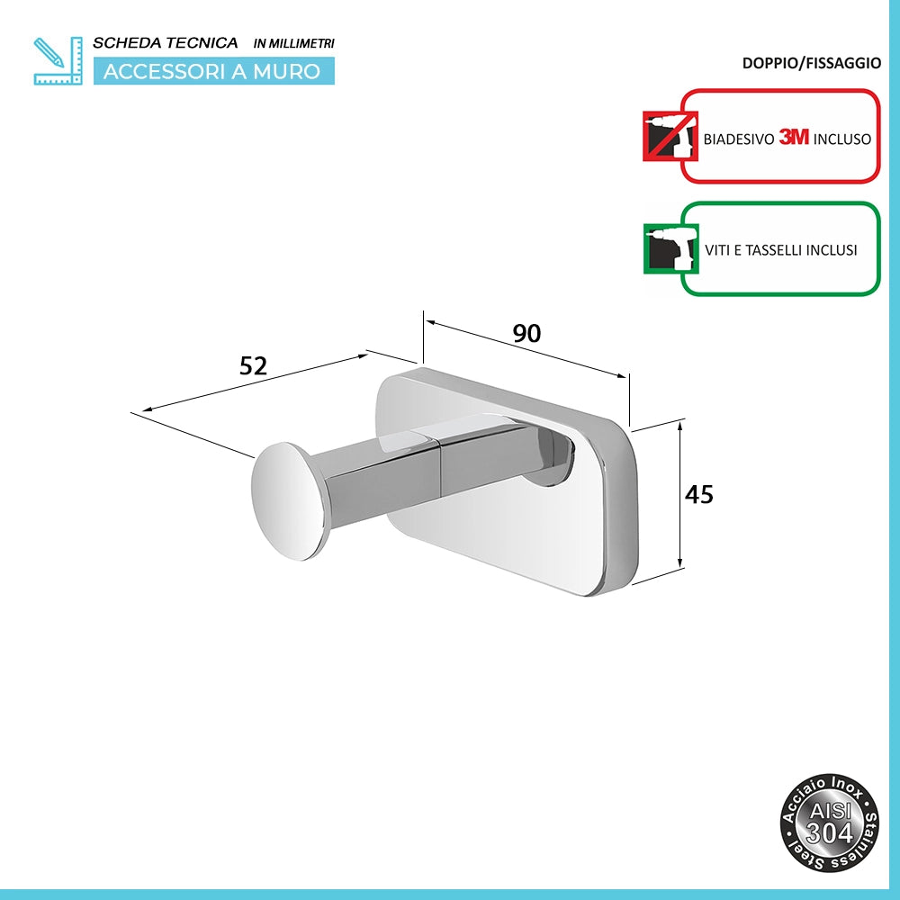 Set 2 appendini portasciugamani in acciaio inox cromo con doppio fissaggio Cubik