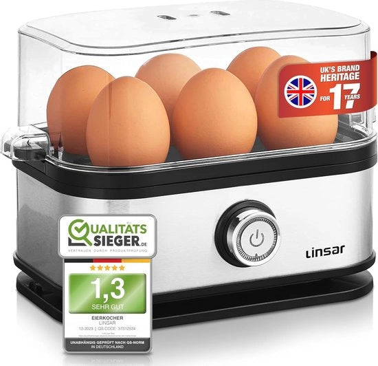 Egg Cooker per 6 uova con regolazione di cottura - Acciaio Inox - Incluso misurino e sbriciolatore - Lavastoviglie - 400 Watt