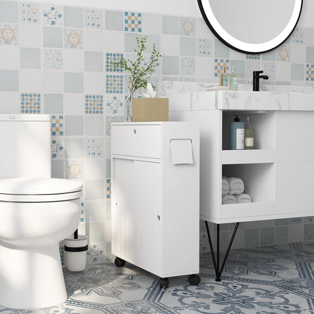 Mobiletto Bagno con Portarotoli e Ruote ¨C zephmum ¨C Bianco 52x17x67 cm