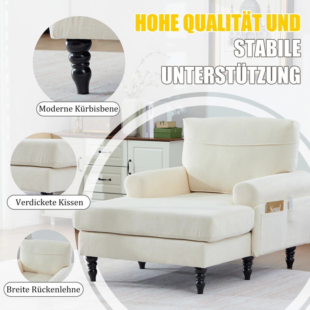 Poltrona Relax Con Tasche Laterali Seduta Extra Larga Schienale Avvolgente Piedi In Legno Massello in Ciniglia Beige
