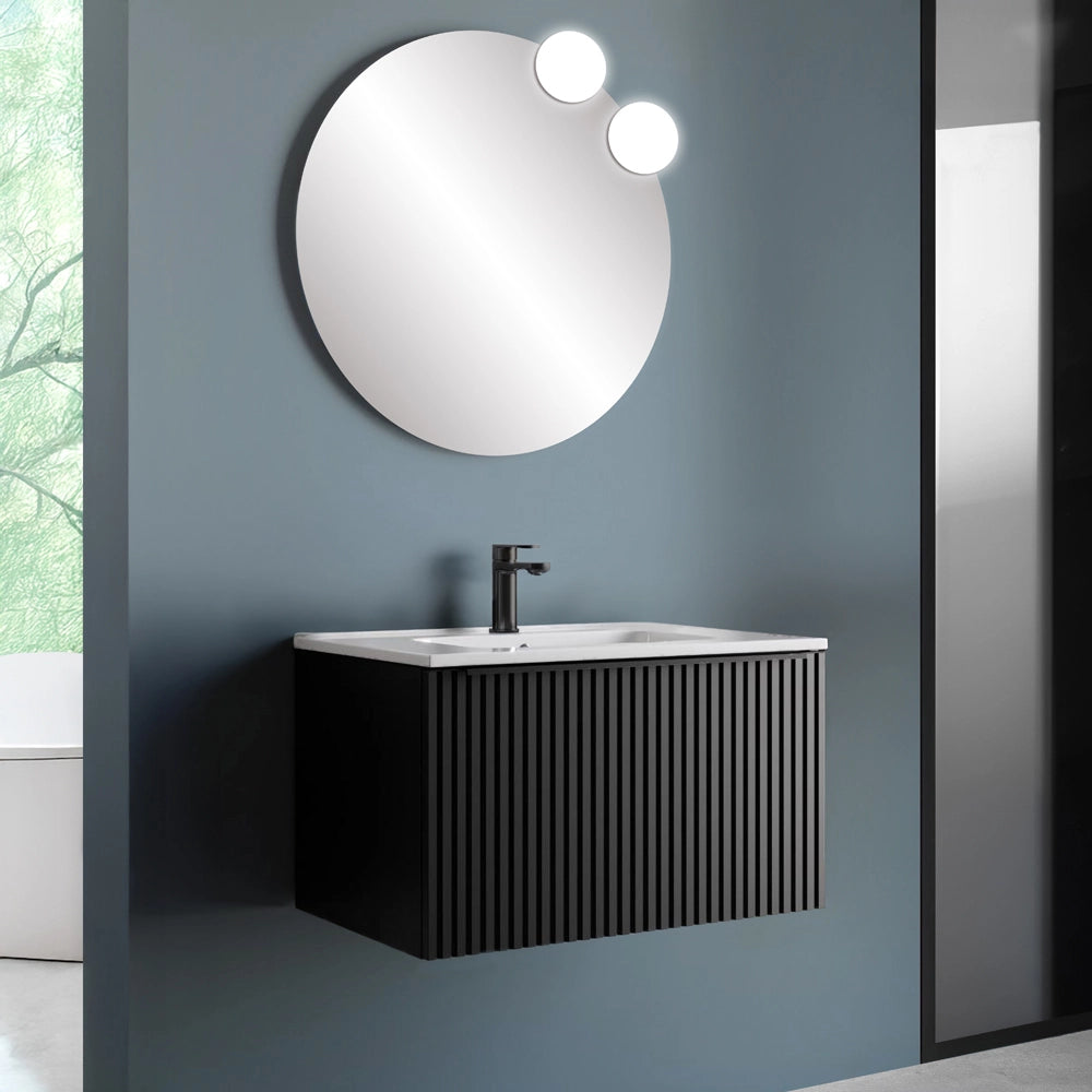 Mobile bagno sospeso 80 cm nero opaco cannettato con cassetto e lavabo Nara