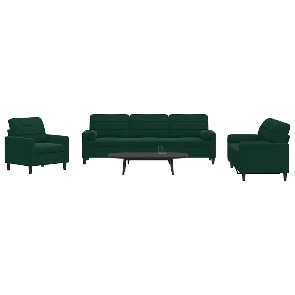 Set di Divani 3 pz con Cuscini e Rinforzi Verde scuro Velluto