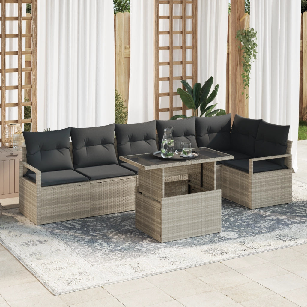 Set di Divano da Giardino  7 Pezzi con Cuscini Grigio Chiaro Rattan Poliestere