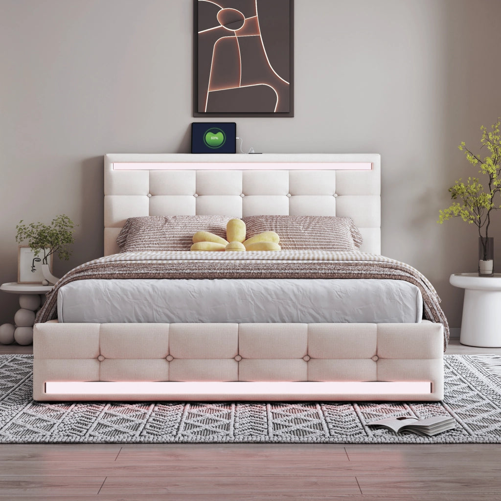 Letto imbottito con LED, 2 USB, contenitore e testiera regolabile, 140x200 cm, lino beige