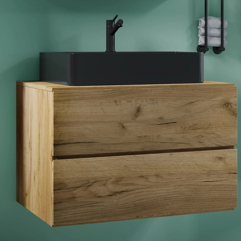 Luce di Ezooza Set Bagno 2 Pezzi Mobile Extra Large con 2 cassetti e Lavabo sospesi, Rovere miele , lavabo Nero