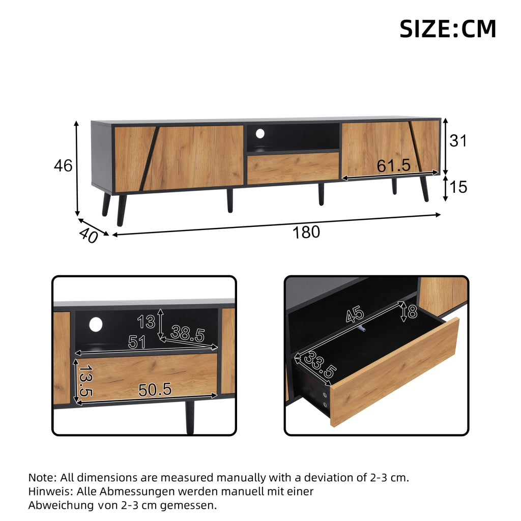 OKWISH Mobile TV con 2 Ante, 1 Cassetto e 1 Vano Aperto, per Soggiorno, 180 x 40 x 46 cm, Nero e Naturale